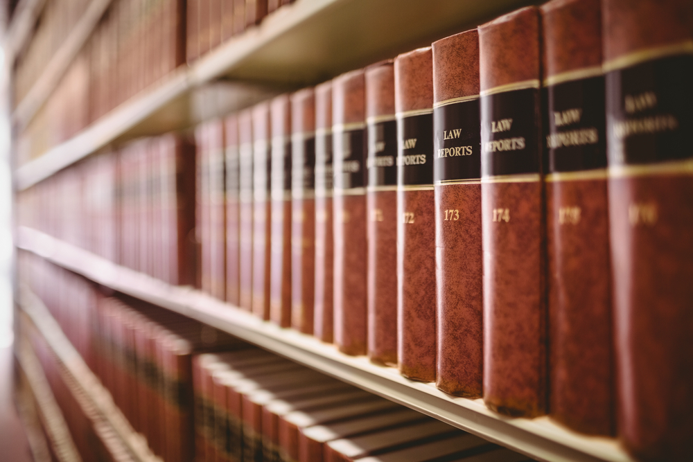 Close up of a shelf of law reports books in library