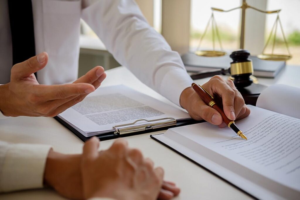 Legal counsel presents to the client a signed contract with gavel and legal law or legal having team meeting at law firm in background